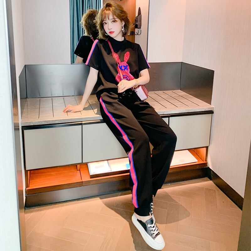 ラインストーン半袖スリーブトップス ウェストカラーアンクルパンツ セット ショート ハーフスリーブ スプリング 春物 サマー 夏物 MIUCO60423934340