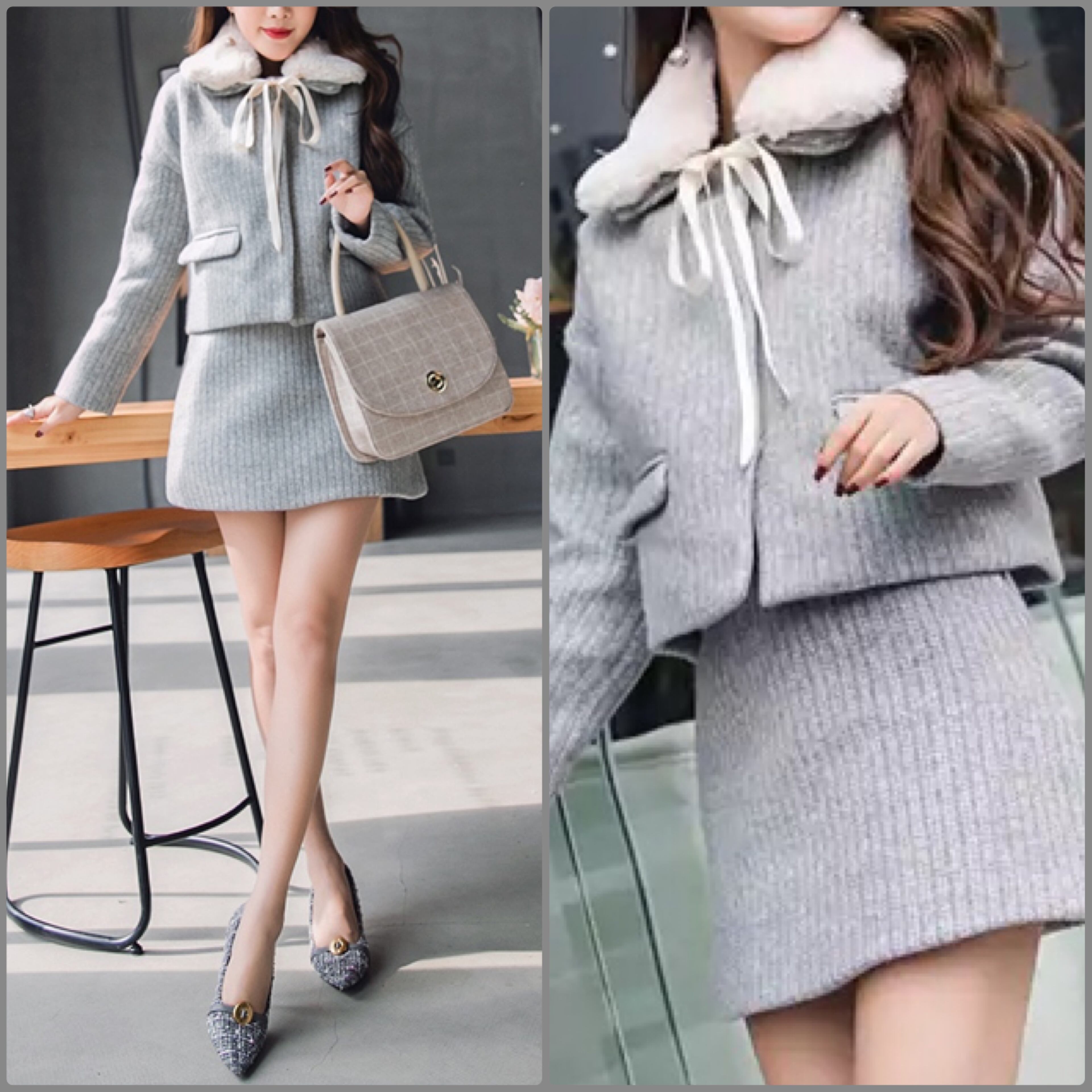 セットアップ ファー 丸襟 リボン ミニスカート スーツ ツーピース