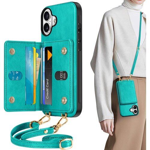 TUCCH iPhone 16 Plus 対応 ケース 背面手帳型 ショルダーストラップ付き アイフォーン16プラスケース PUレザー RFIDブロッキング 6つポケット 取り外し不可 財布型 斜め掛け TPU素材 衝撃吸収 あいふぉん16プラスカバー 2024年発売 6.7インチ 5G アイフォン16プラス対応 シアン 3662