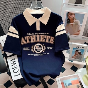 トップス 韓国風 オルチャン カットソー ポロシャツ ラガーシャツ Tシャツ ライン ビッグプリント バイカラー ドロップショルダー 袖あり 半袖 オーバーサイズ レトロ Y2K トラッド 大人可愛い 綺麗め きれいめ シンプル カジュアル 大人カジュアル 大人 上品 おしゃれ お洒落 かっこいい 大人女子 こなれ感 ラフ クール セクシー スタイリッシュ 春 夏 秋 お出かけ デート 公園デビュー 休日 アウトドア 着回し 普段使い デイリー ヘビロテ 韓国 韓国系 定番 ネイビー