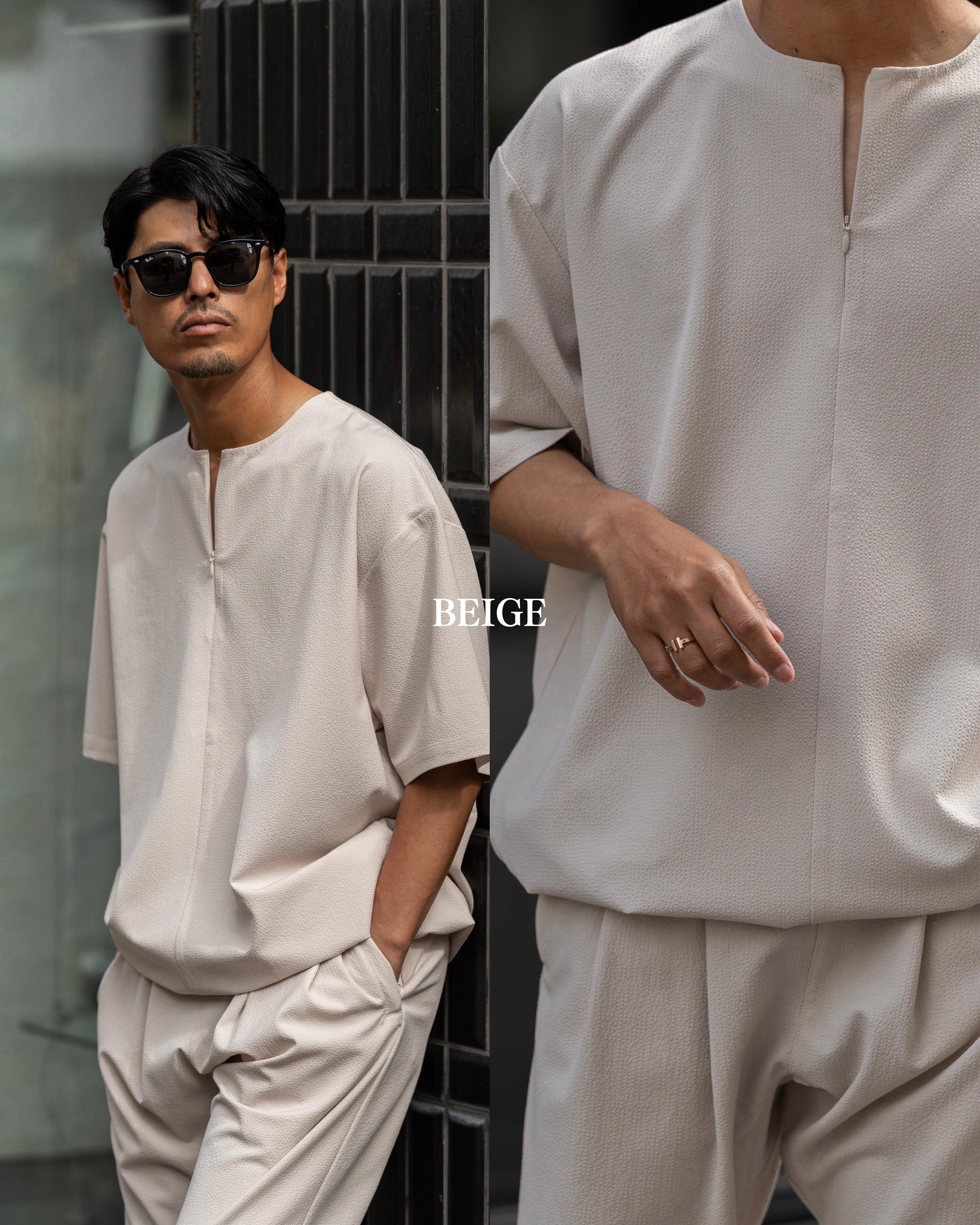 Stretch Seersucker Zip Henley Neck［2652amy-6］キーネック | AMUY