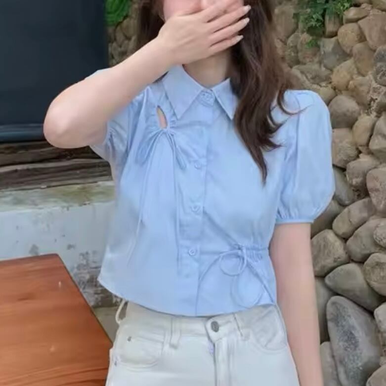 リボンデザインパフスリーブシャツ