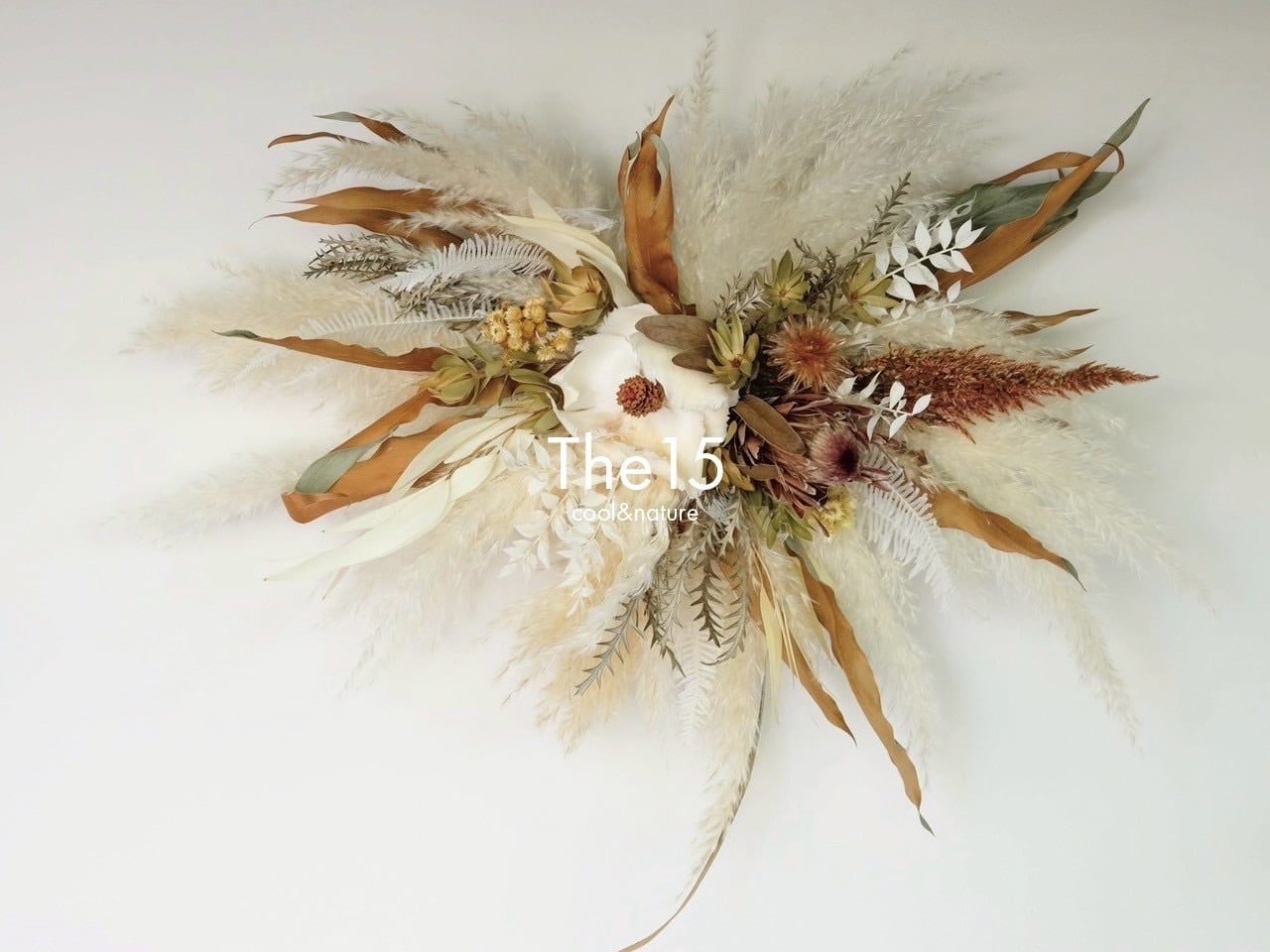 【大型ドライフラワー壁掛けスワッグ】サンドベージュ × ホワイトグラデーション