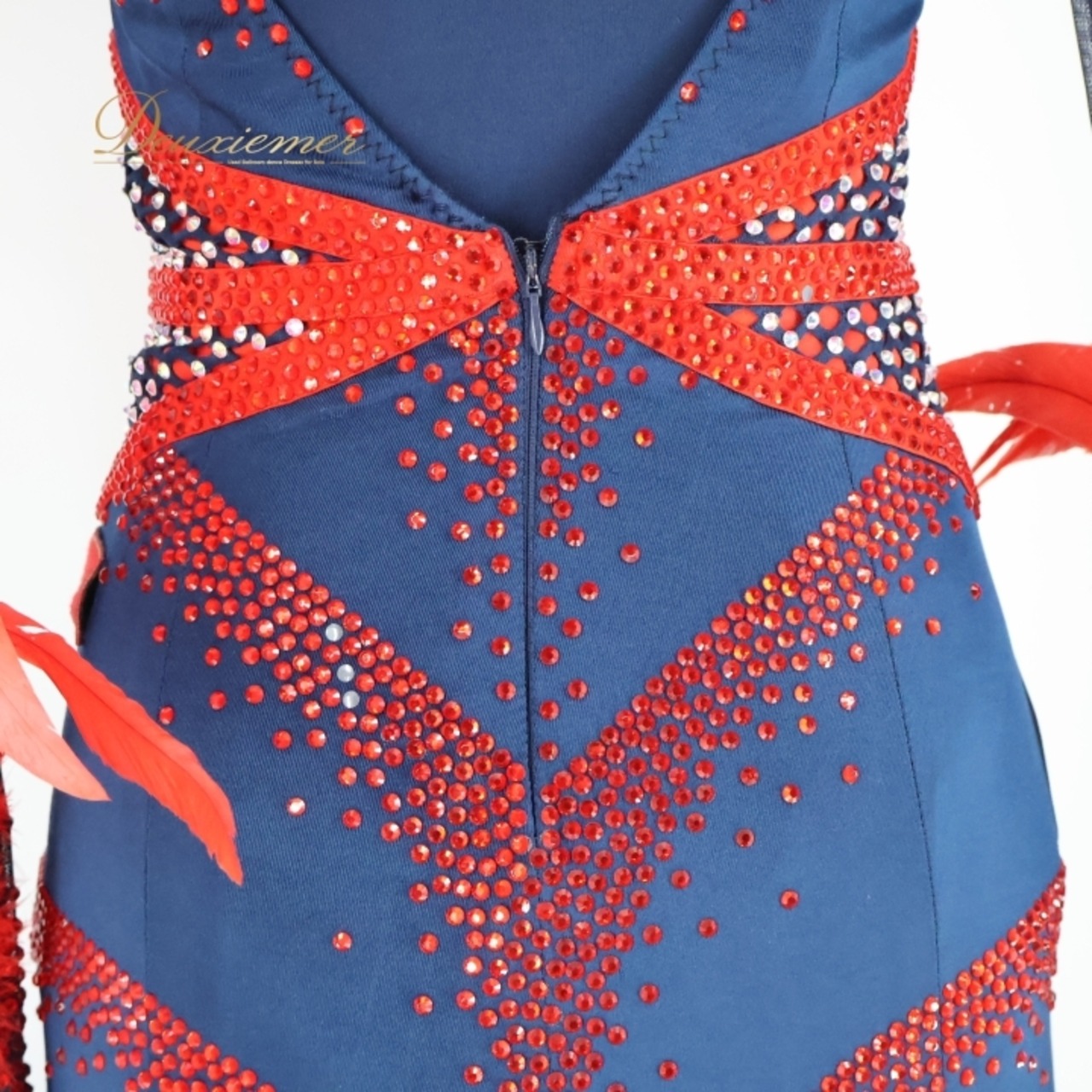 社交ダンス 衣装 スタンダード ドレス スタンダードドレス 紺色 NANAKA ナナカ 赤 羽 フリル デモ 競技 ダンス パーティ 発表会 ネイビー系 レッド系 クロッチ ゴージャス 競技用ドレス 発表会用 衣装オーダー デモ用ドレス