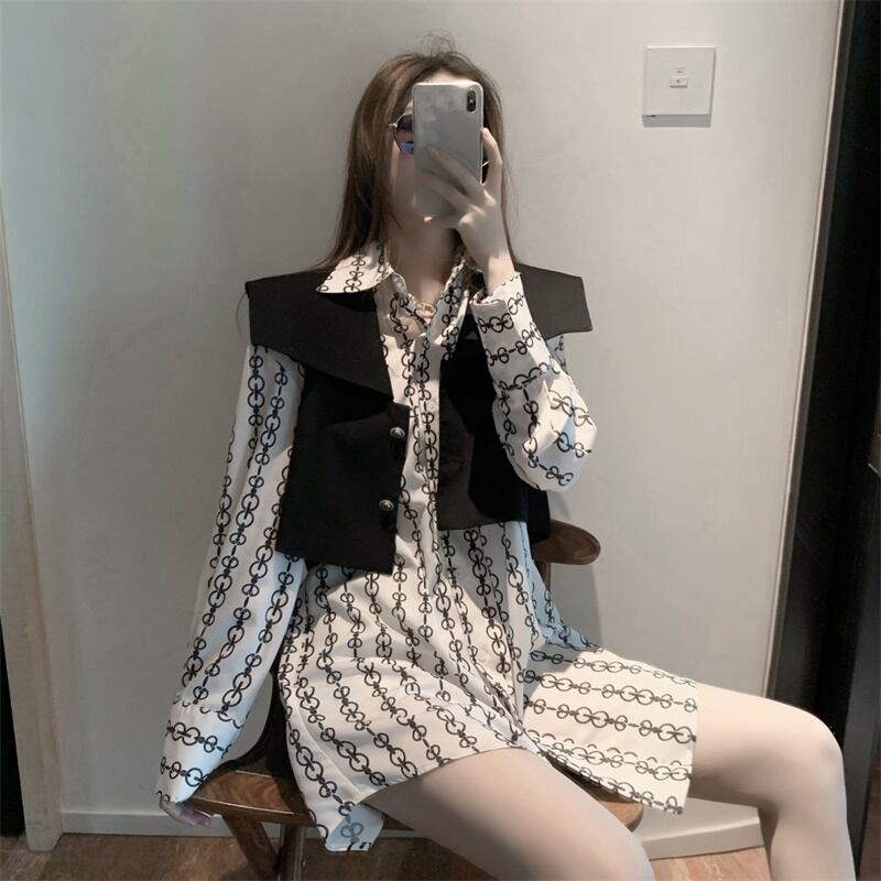 センスプリント白シャツ女性秋ルーズレイジースタイルスタイル長袖シャツミドル丈ニッチトップス ブラックストロベリース14114217384