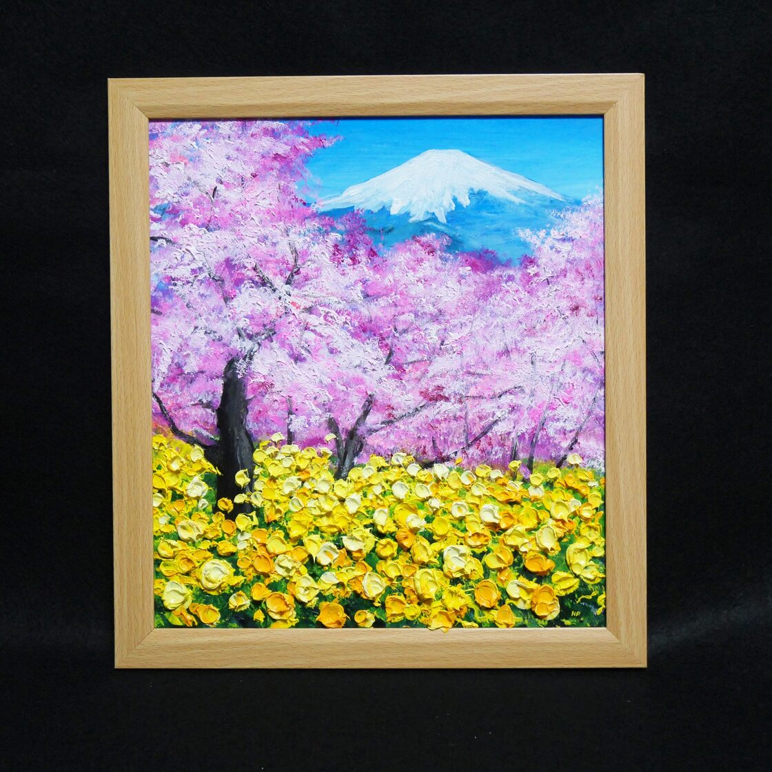 油絵 油彩 油彩画 絵 しぼれ 絵画【青い満月と菜の花と桜】