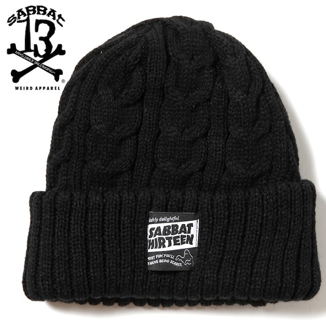 SABBAT13 / サバトサーティーン / サバト13「SPOOK KNIT CAP」ニットキャップ ニット帽 ビーニー 帽子 黒 ブラック ケーブル柄 編み込み ロゴ スカル ドクロ メンズ レディース ストリート スケーター パンク ロック PUNK ROCK バンド フェス ギフト無料 ステージ衣装 Rogia