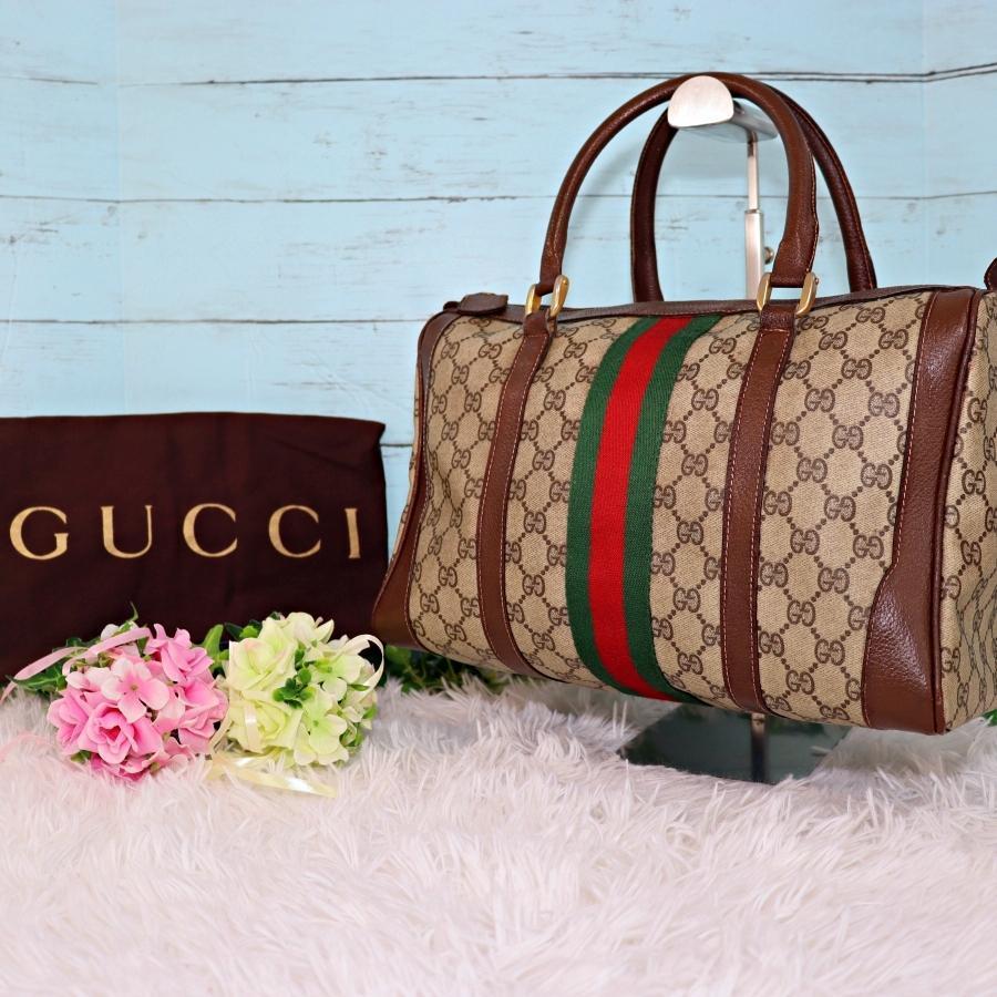 GUCCI オールドグッチ ミニボストンバッグ GGスプリーム 茶色×ベージュ-