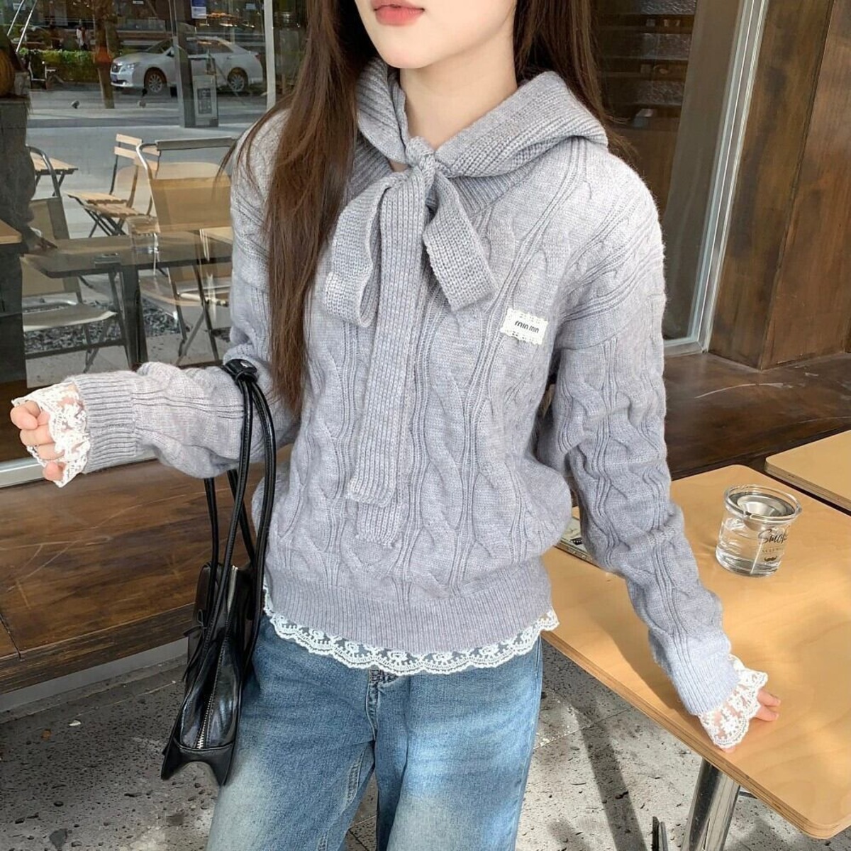韓国♡帽子付きレースリボン切り替えパーカーニットトップスセーター 