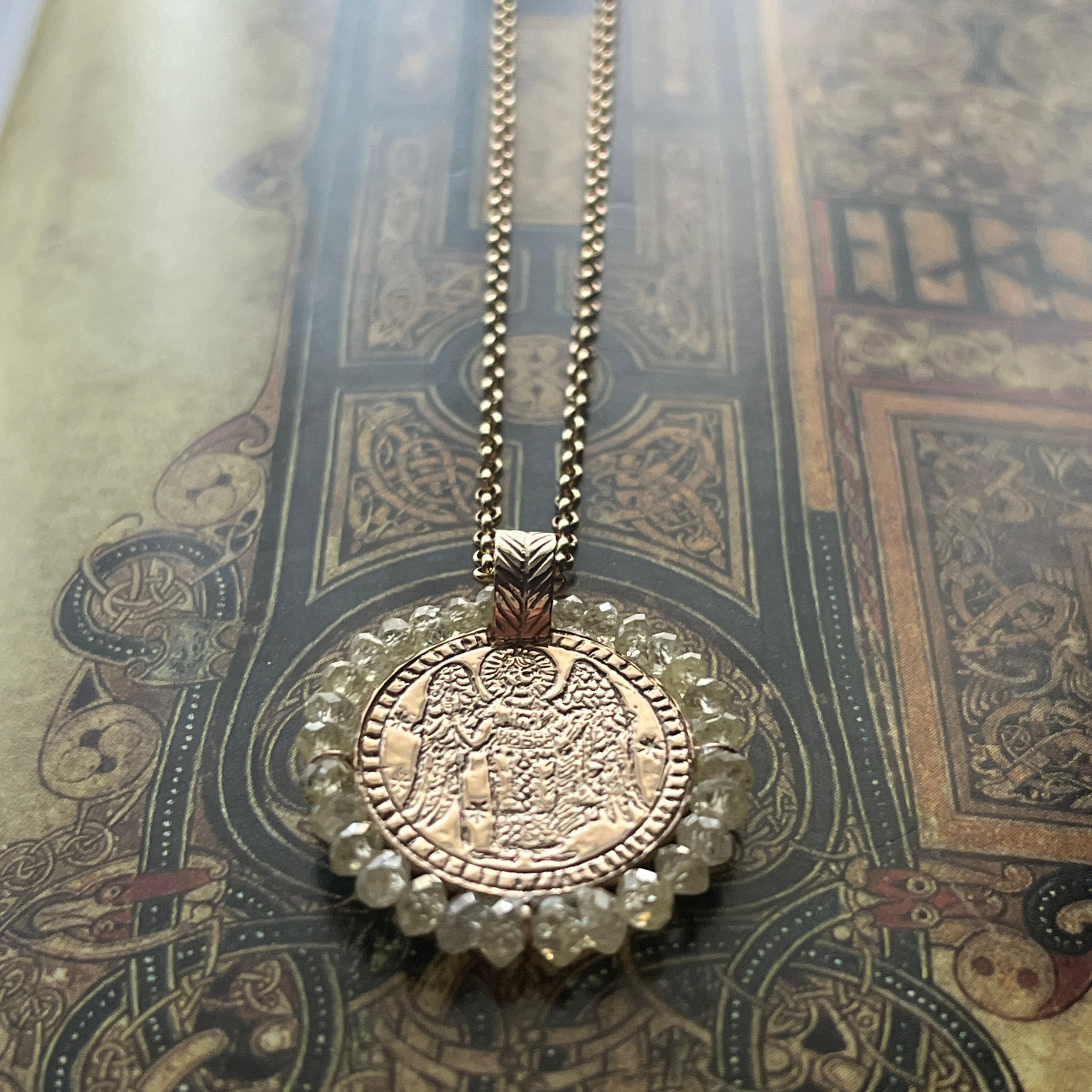K10xDiamond Etched Pendant -Archangel Michael L / 10金xダイヤモンド エッチングペンダント・大天使ミカエルL