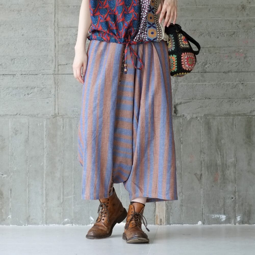 フリル付きオリジナルストライプ柄サルエルパンツ(21s-19)ネイビーブルーver3