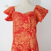 フラダンス 衣装 ワンピース ドレス レッド系 アロハスタンダード 日本製 ハワイアンプリント ALOHA STANDARDS アロハ フラ ダンス レッスン 練習 花柄 植物柄 イエロー系 赤 黄 フリル 華やか 鮮やか かわいい おしゃれ 上品 フリル袖 女性用 アロハシャツ