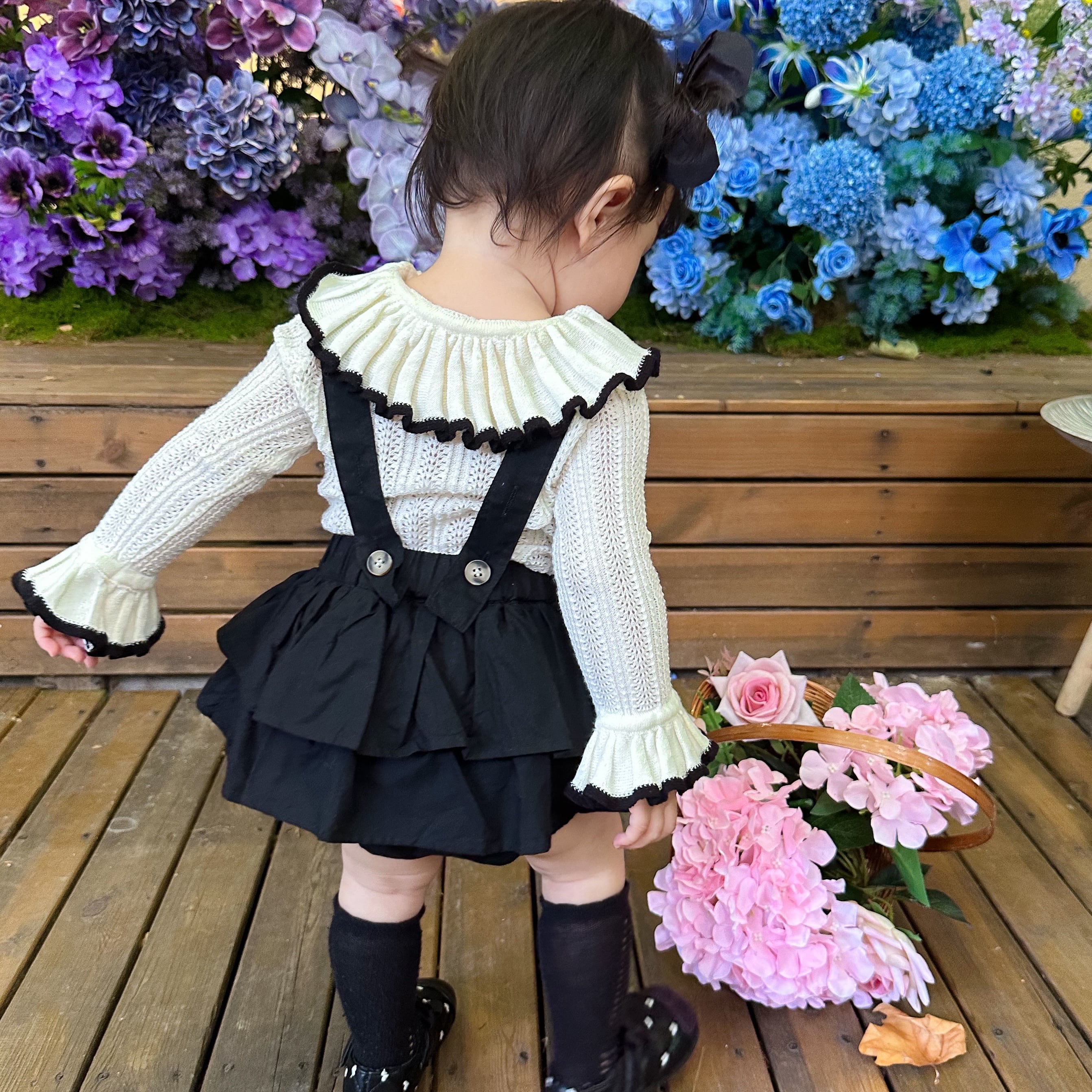ベビー幼児女の子フリル長袖ニット サスペンダーブルマパンツ