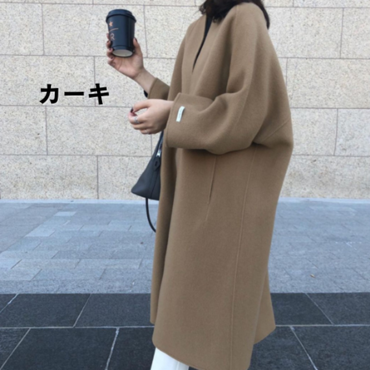 コート ロング ノーカラー シンプル ウールタッチ 無地 韓国 ノーカラーコート ウールコート ロングコート レディース