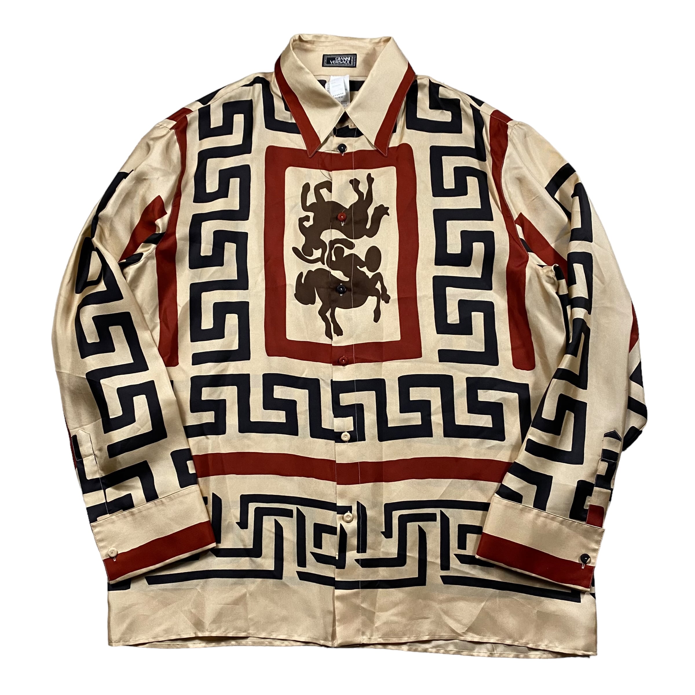 Vintage VERSACE シルクシャツ ケンタウロス グレカ大柄 プリント