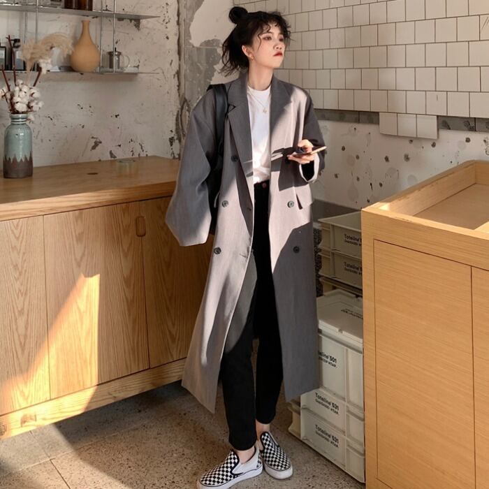 スプリングコート ルーズダブルブレストジャケット ロング 春物 1号婦人90073797271