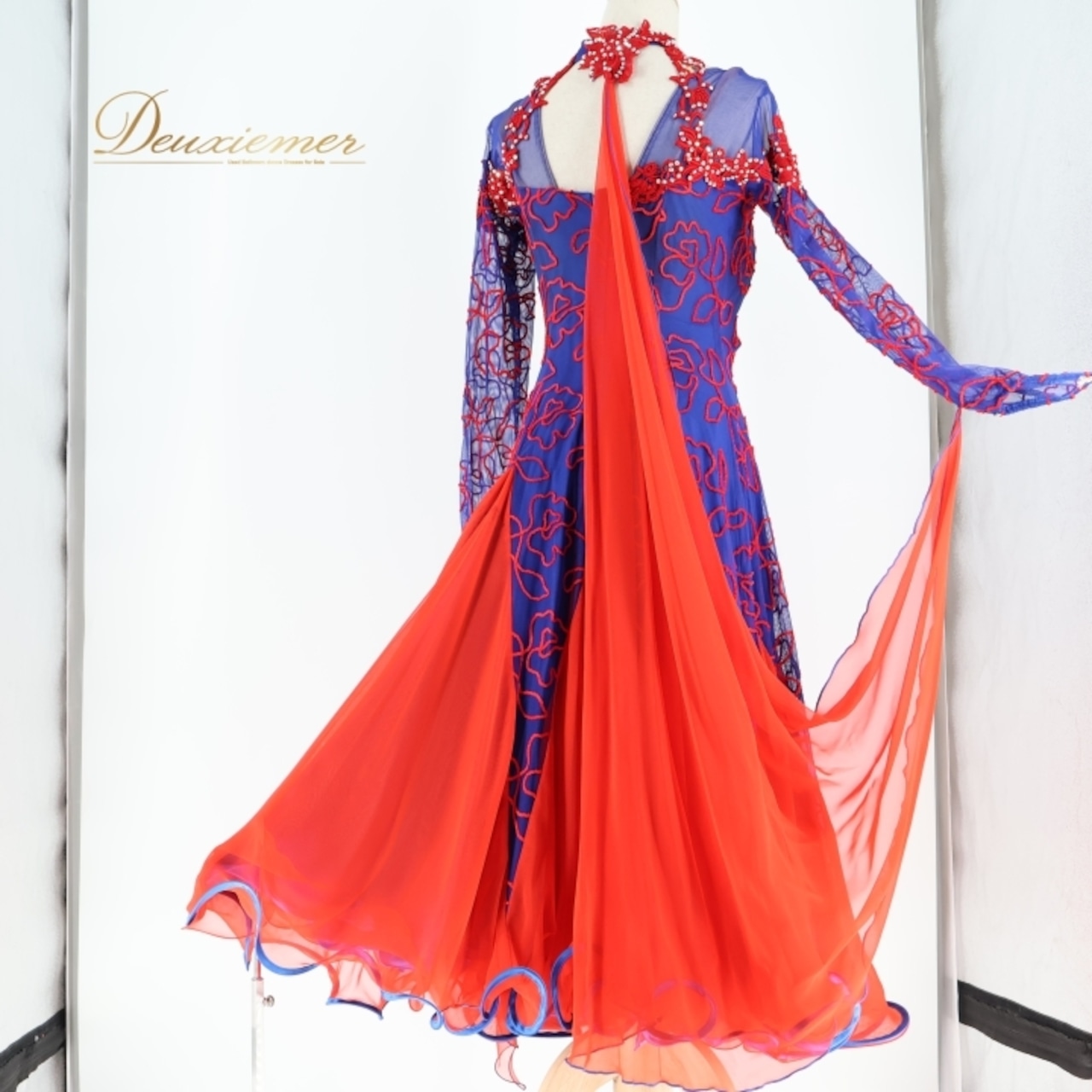 社交ダンス 衣装 スタンダードドレス ワンピース ドレス レッド系 ブルー系 赤 青 フロート レース デモ 競技 ダンス パーティ 発表会 鮮やか フリル フォーマル発表会 イベント用