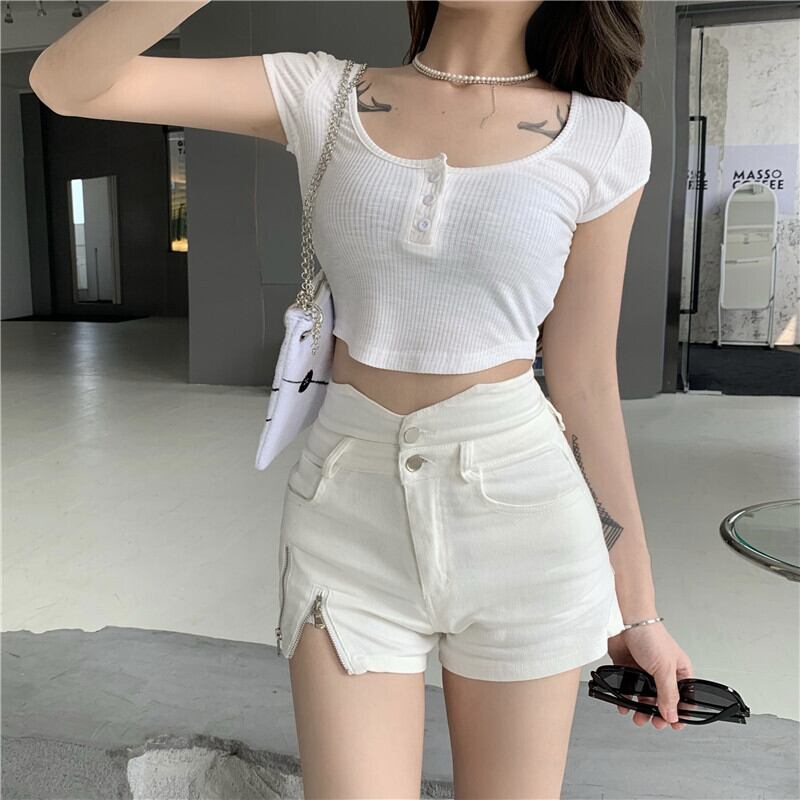 ジーンズ サマー薄手パンツ ハイウェストウェストAラインショーツ ホワイト 夏物 ブルマー ブラックストロベリース33526195484