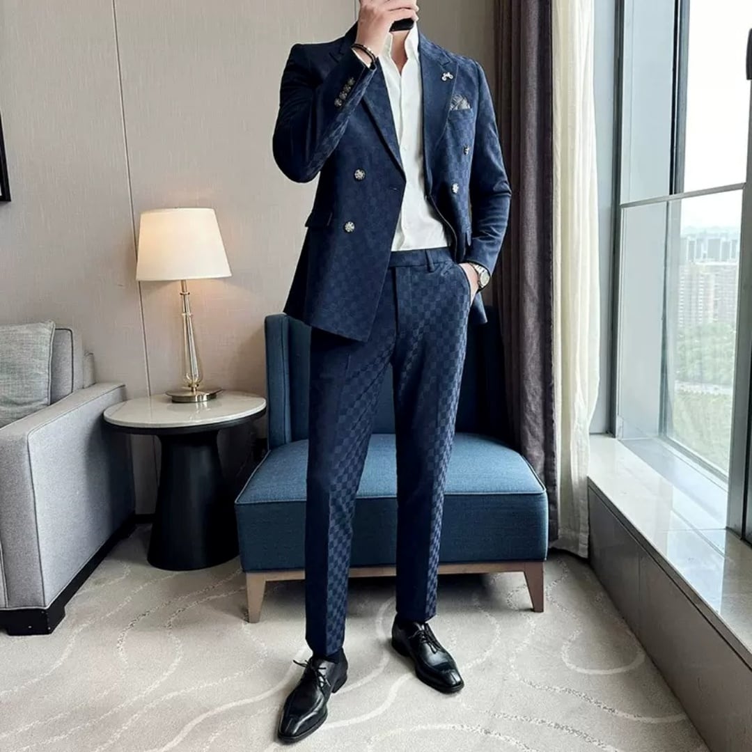 ブロックチェック柄 ダブルブレストスーツ スリーピース 6カラー A2399