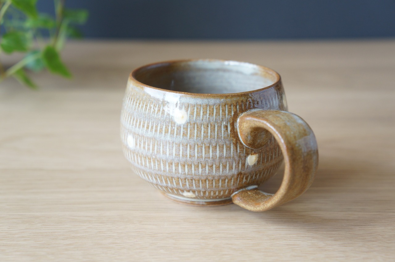 小石原焼 翁明窯元 丸マグカップ ドット・マット【37-471】