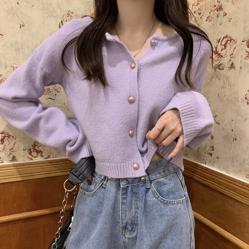 ショートセーター レディーススプリングオータムジャケット ニットカーディガン 春物 秋物 パープル スーパーモール43070833586