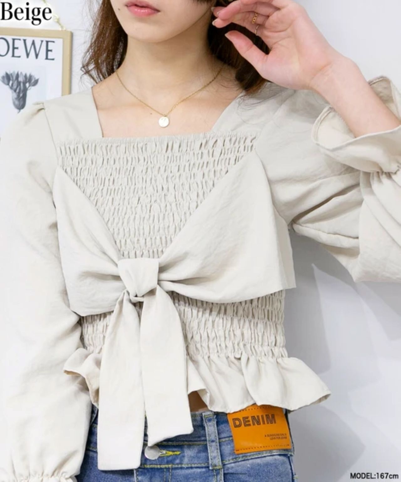 【2025年新作】フロントリボン シャーリング ブラウストップス ベージュ