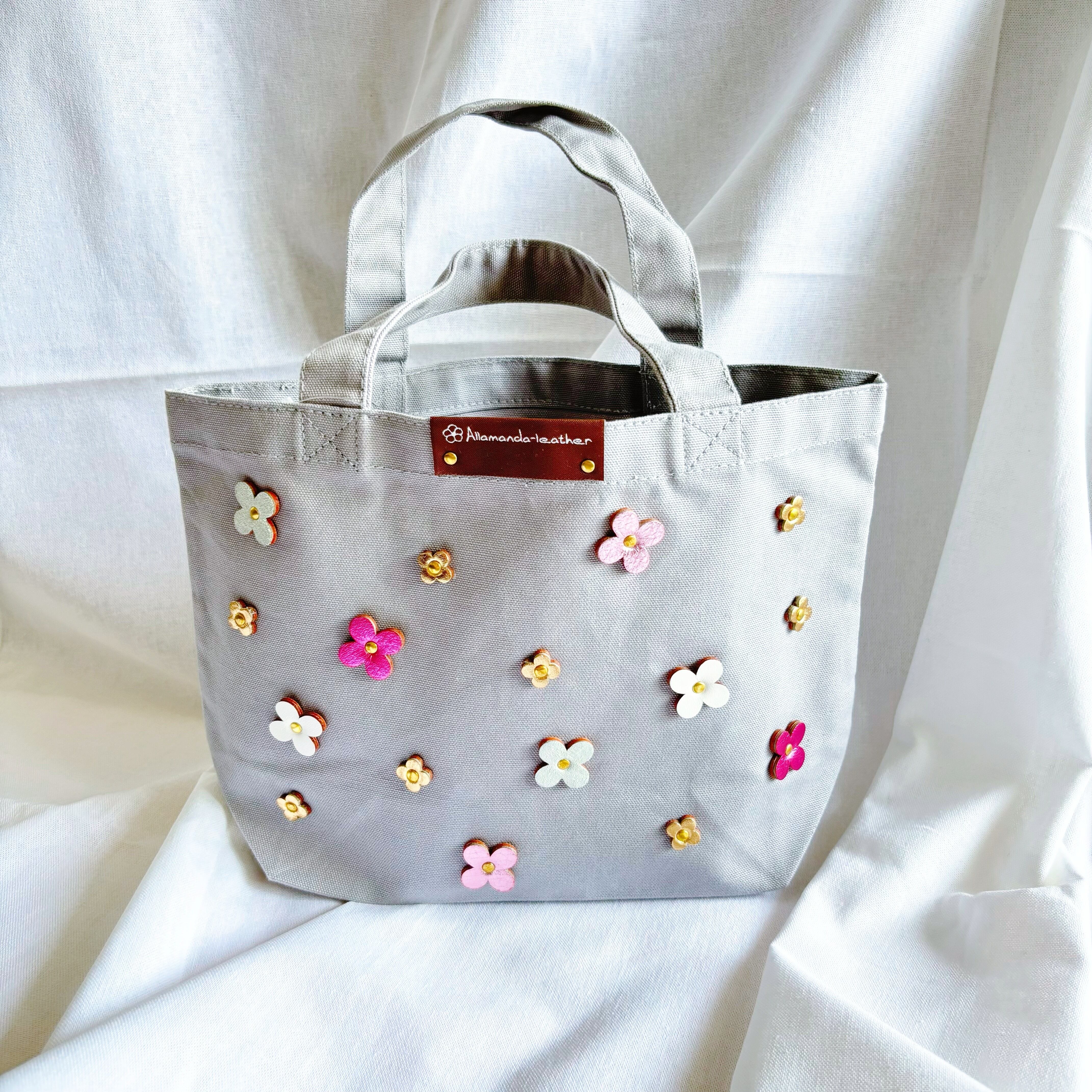 ランチトートバッグSサイズ(Bagグレー花色ピンクカラー) | Allamanda