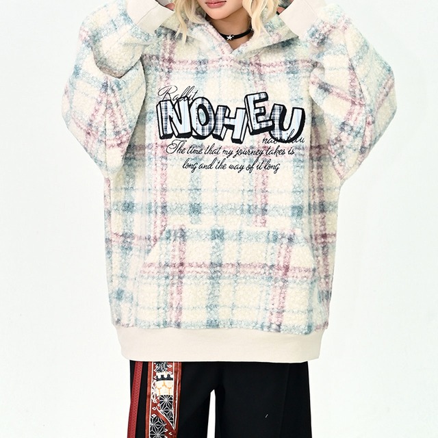 チェックボアレタリングフーディ 2col   R01146