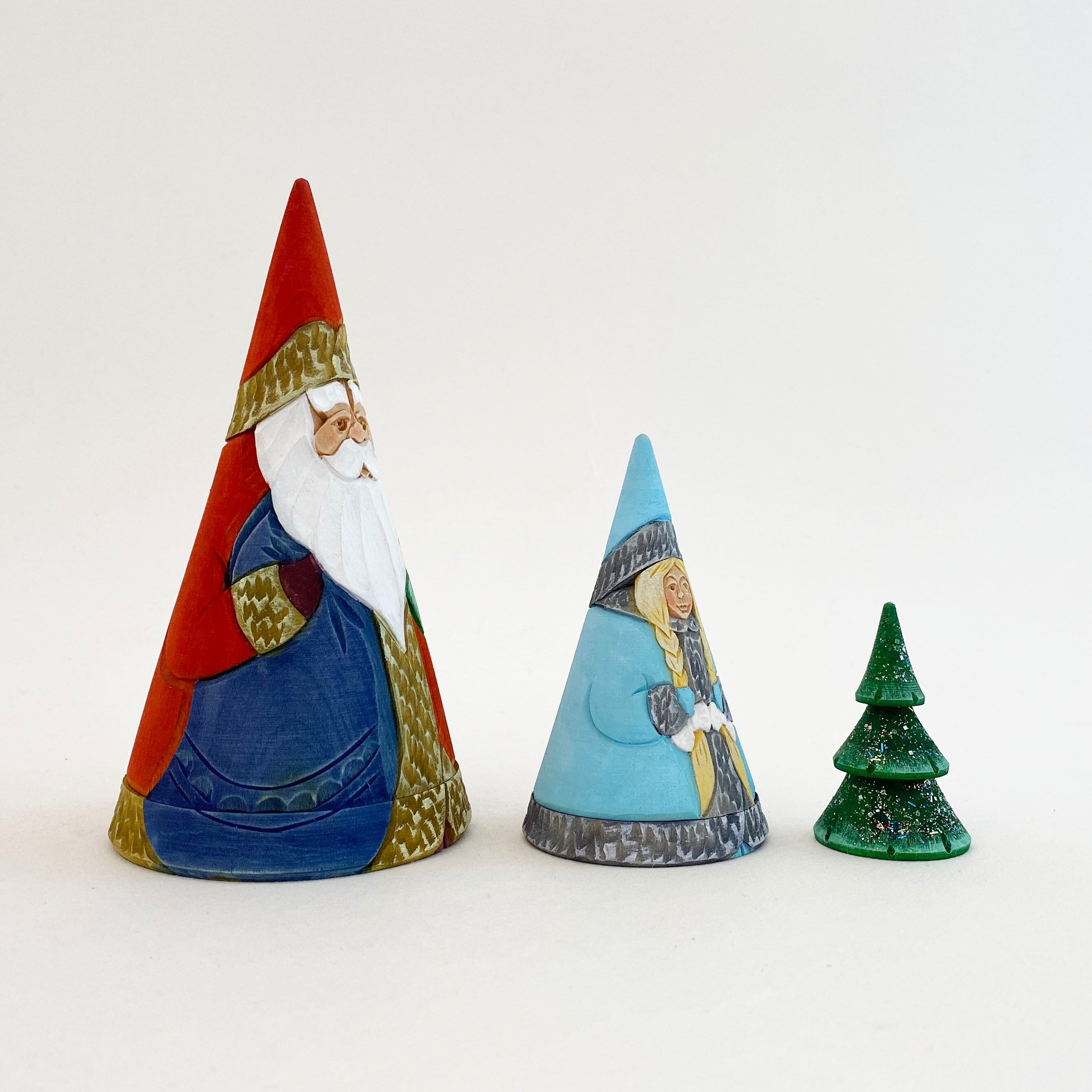 サンタ/ジェドマロース 木彫マトリョーシカ/円錐型(コブロフ工房/3個組)
