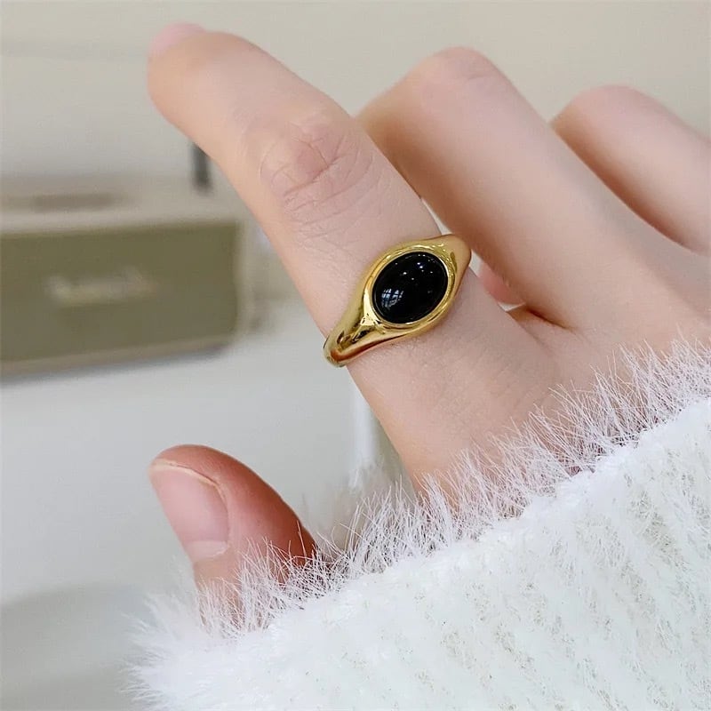 金アレ対応 316L 18k ブラックストーンリング(0544)