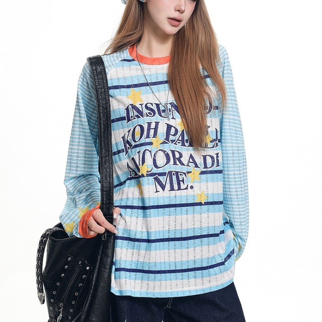 スターモチーフチェックボーダーグラフィックロングスリーブTシャツ 2col R02567