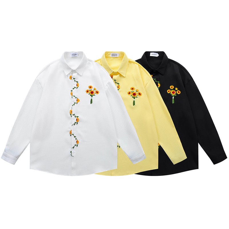 ⭐︎ コットンシャツ　⭐︎ センソユニコ　サイズ40. 総柄　向日葵　体型カバー ♥向日葵刺繍シャツ！【UATONLINEシリーズ】☆シャツ☆ ユニセックス