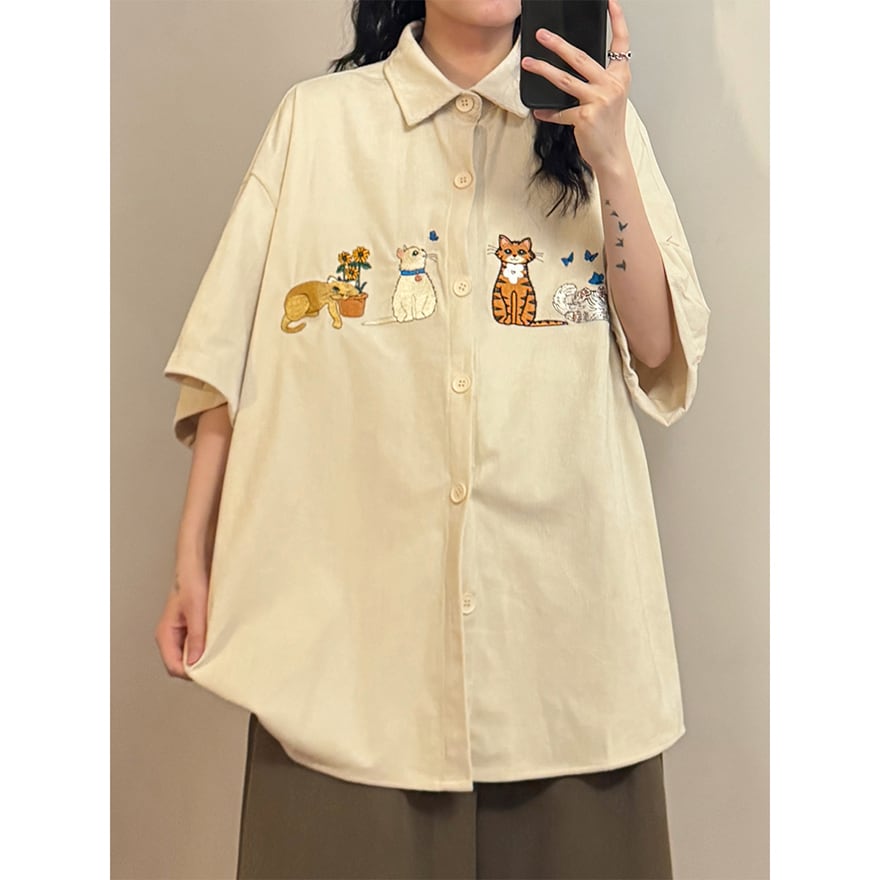 サブカル 服 地雷系 通販 アメカジ カジュアル 半袖 シャツ 猫 刺繍 ECOKSOLO 春夏服