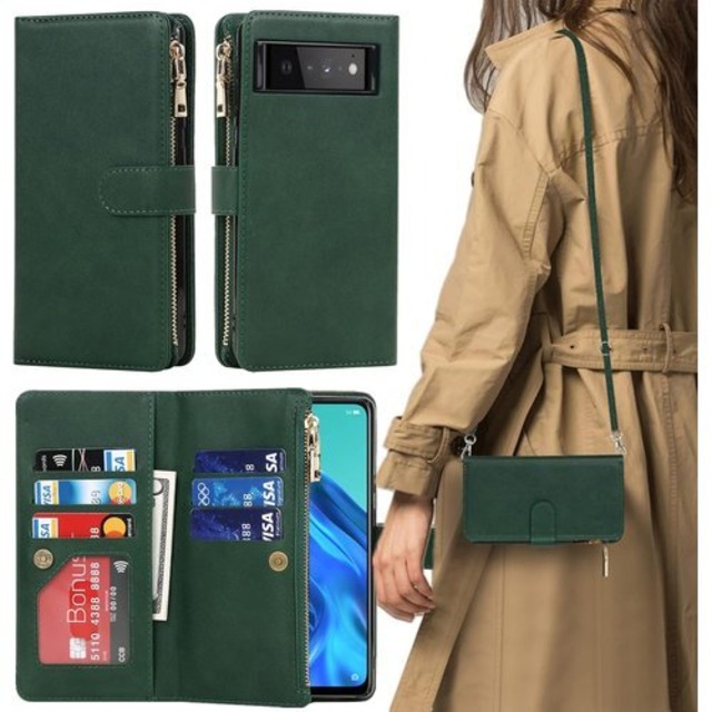 Google用 pixel 6 pro ケース 手帳型 ル ピクセル6pro カバー pixel6pro 手帳 カバー pixel6 proケース 財布型 適用 CASE iCoverCase ストラップホール付き カード収納 バッグ マグネット 留め具 肩がけ 首掛け 斜め掛け カードケース ファスナー型 ストラップ付き カバー ショルダーケース クロスボディケース カード入れ スマホケース 携帯カバー 深い緑 ダークグリーン 1148