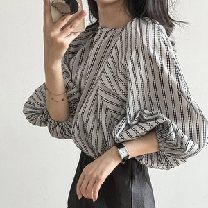 ストライプ柄七分袖バルーンスリーブブラウス　00332