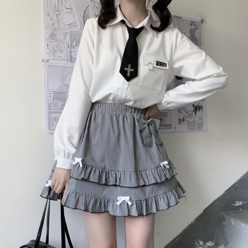 サブカル 服 地雷系 通販 ミニスカ フリル 切替えスカート チェック柄 リボン 甘め かわいい ロリィタ