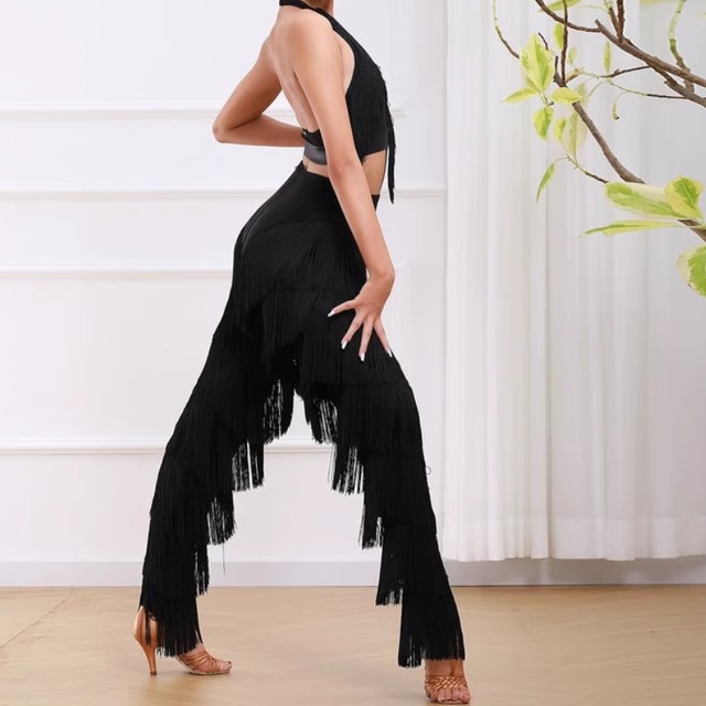 フリンジ  ハイウエスト フルレングス ラテンパンツ 1col　D00490