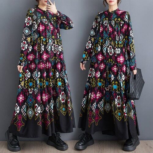 PRINT LONG SLEEVES TIERED MIDI DRESS M-18877