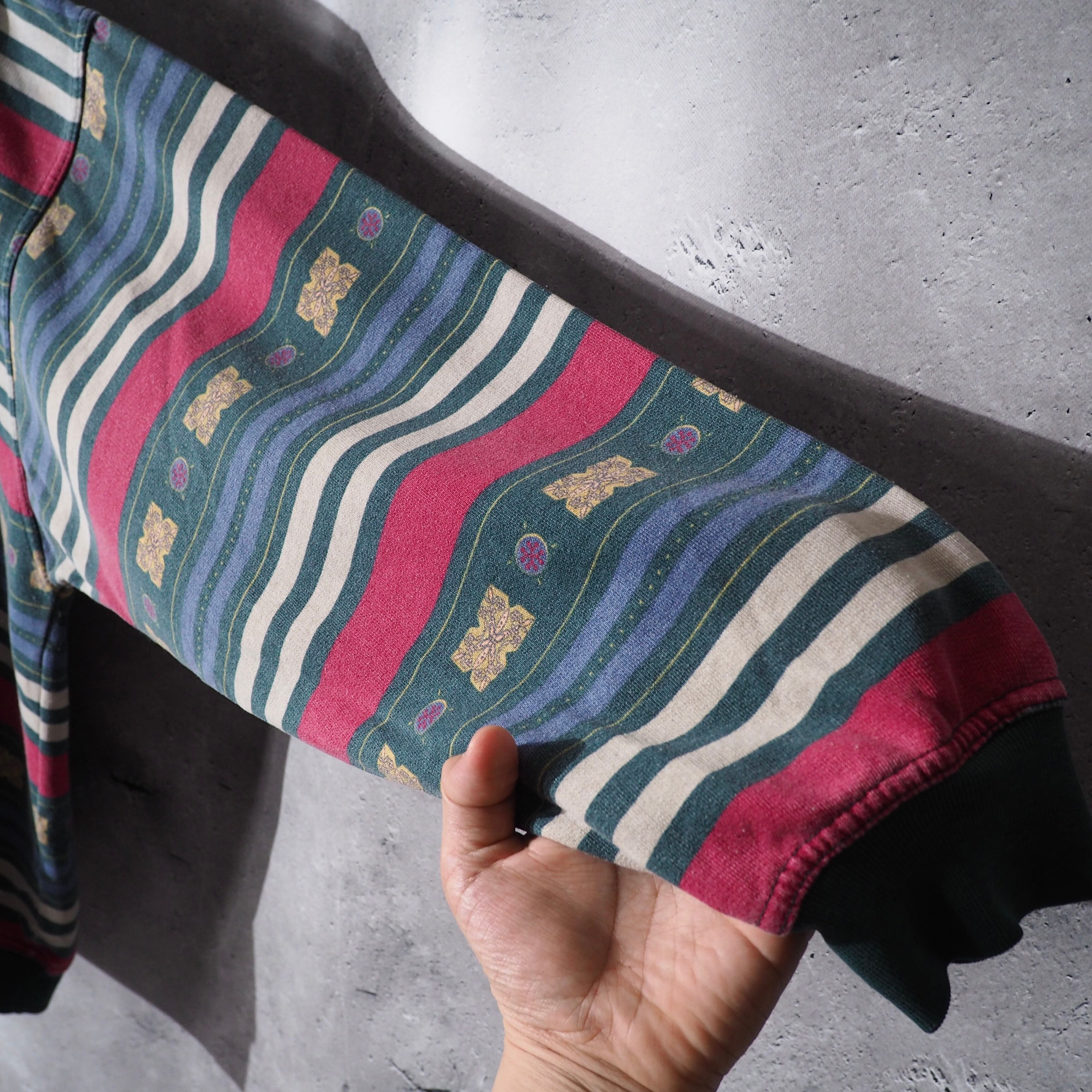 Multi color Border × Ethnic pattern Design vintage loose Pull over shirt