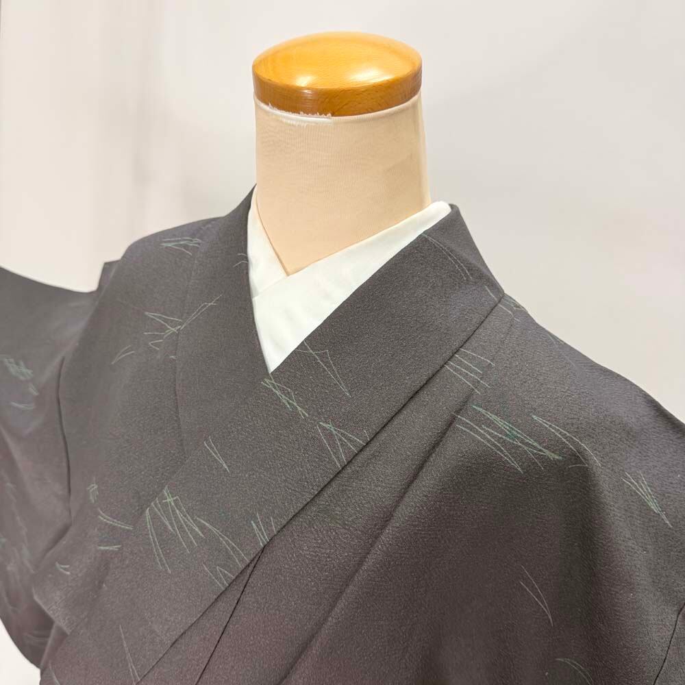 小紋 単衣 洗える着物 裄64.6cm 身丈158cm 焦げ茶色 花柄 お洒落着 普段着 ポリエステル 美品 M サイズ 5268