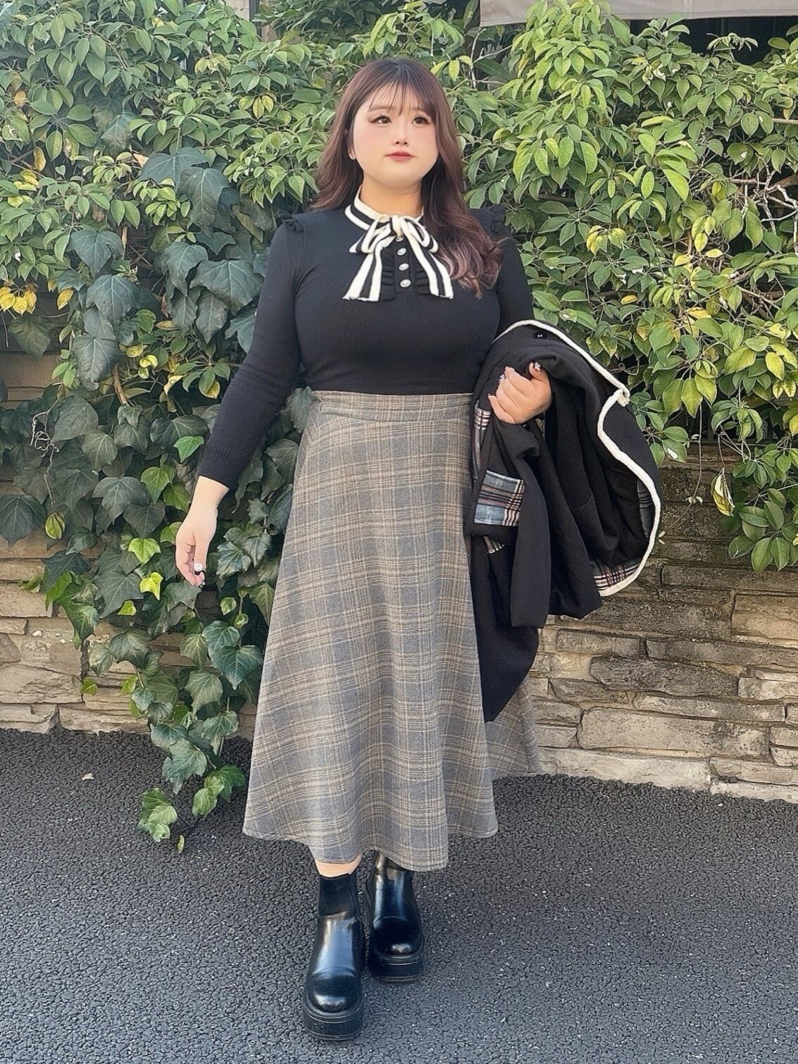 即納】1点限定 チェック柄デザインダブルブレストロングコート 大人