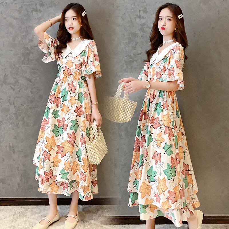 【新作】【送料無料】 マタニティウェア2020夏の新しいファッションスクエアネックシフォンカラードレス、年齢を減らすミドル丈のマタニティドレス-アリババ サマー 夏物 スクウェア expec249156976462