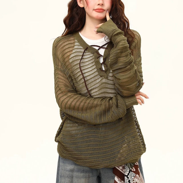 lace-up mesh knit　レースアップメッシュニット　J2140