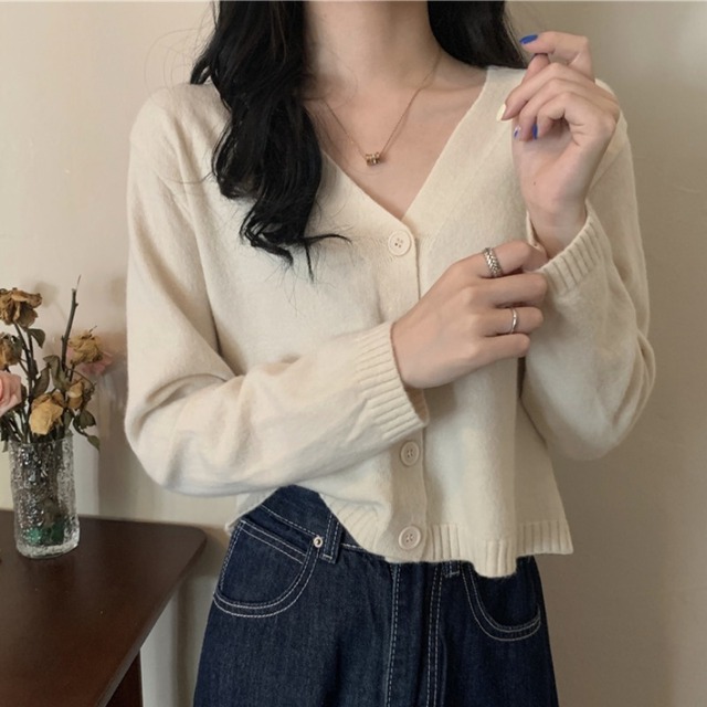 スタイルニットカーディガンオータムVネックソリッド カラーショートコート ジャケット レディース ロング 秋物 ソリッドカラー ハンチェンe46917503975