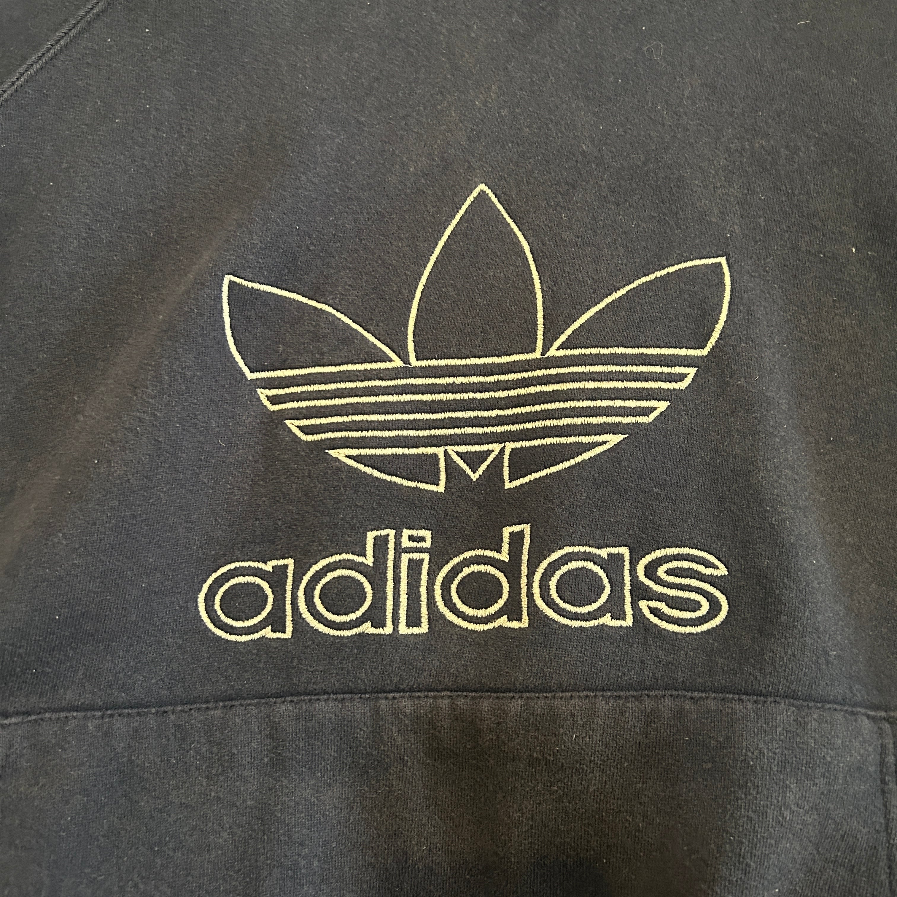 メンズ 90sUSA製 old adidasアディダス ロゴ刺繍パーカー ネイビーL