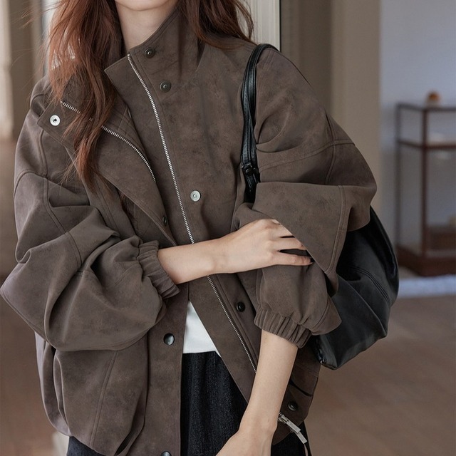 フェイクレザースタンドカラージップブルゾン 3color [am03409]