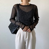 glitter sheer crewneck tops/black