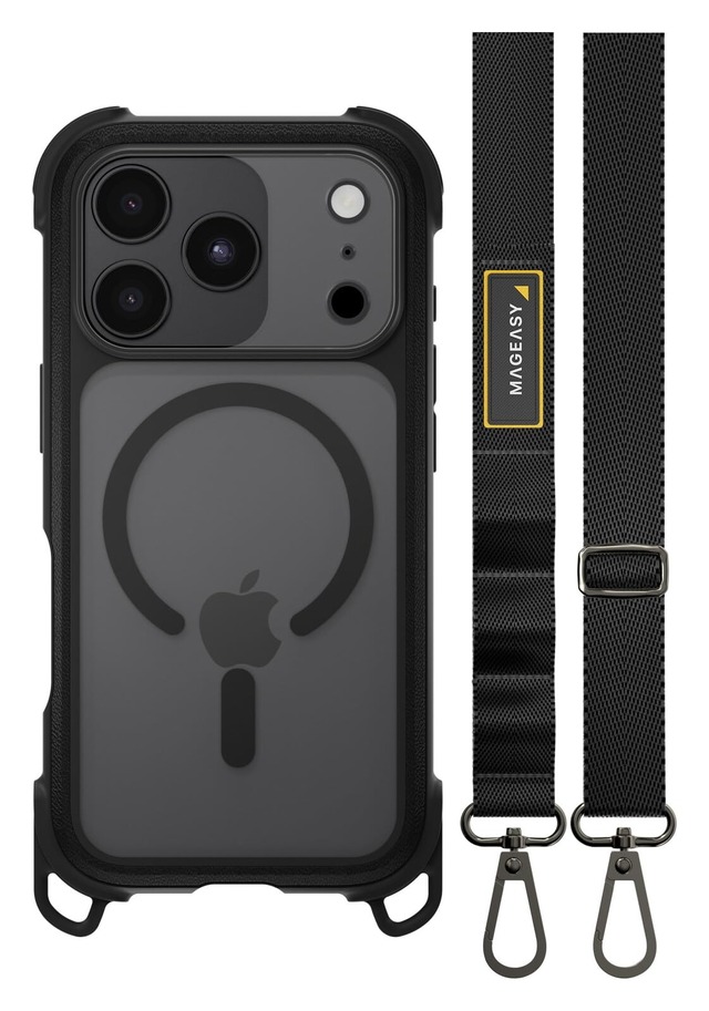 【MagEasy】 iPhone 18 Pro iPhone 17 Pro 対応 ケース ショルダー ストラップ 耐衝撃 MIL規格 クリア スマホケース MagSafe 対応 [ iPhone18Pro iPhone17 プロ 対応 ] Odyssey Strap M レザレッテスレート/ブラック