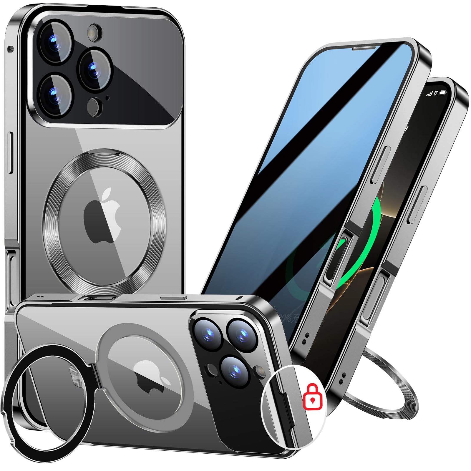 【スライドカバー磁気ロック・覗き見防止・新次元の一体型カメラ保護 +CD隠しスタンド】iPhone 18 Pro Max 用 ケース(チタングレー)