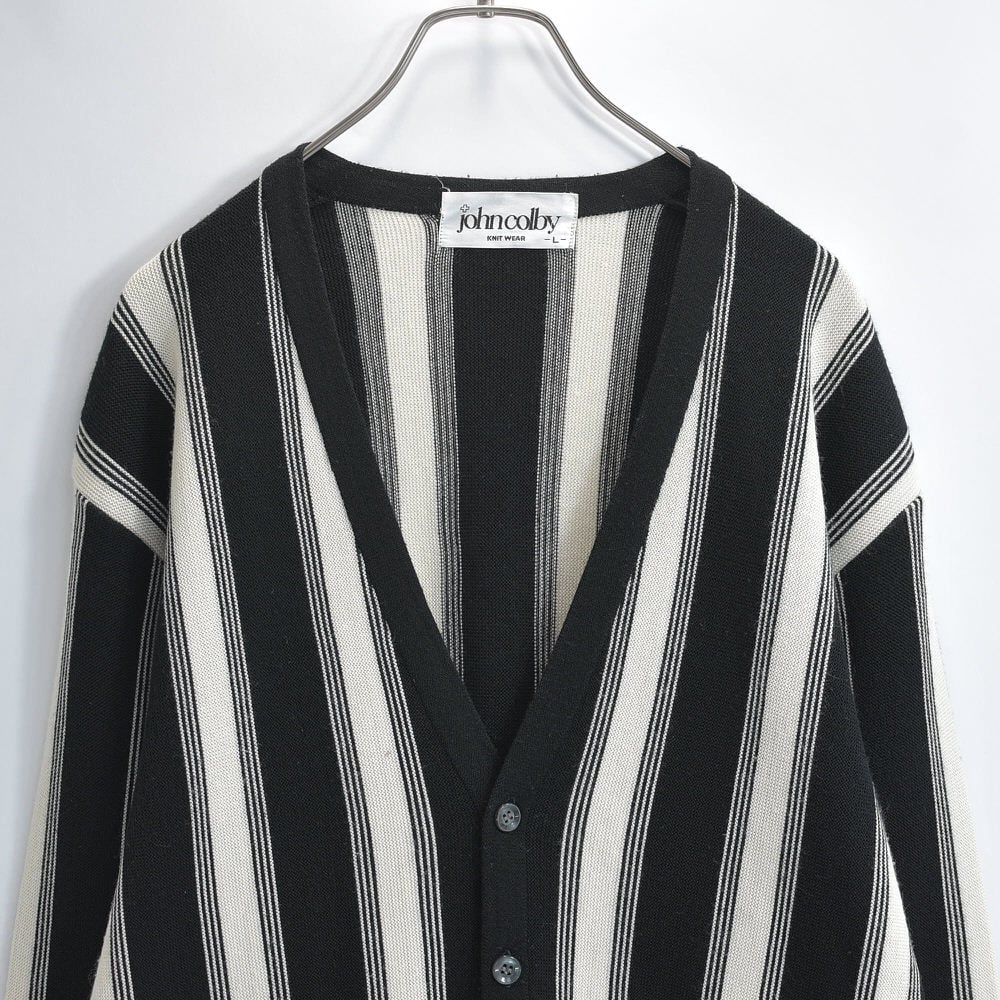 80~90s john colby ジョンコルビー マルチストライプ アクリル ニット カーディガン モノトーン モード セーター ジャパンヴィンテージ ビンテージ 古着 メンズLサイズ